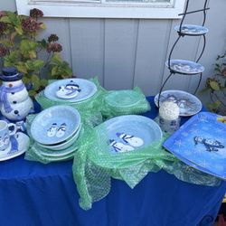 Blue Snowman dish Set