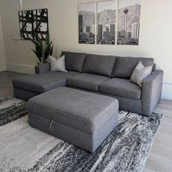 Living Spaces Gray Sectional Sofa with Storage Ottoman - Like New - Free Delivery