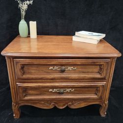 Vintage Mid Century French Style Drexel Wood Nightstand in Walnut Stain