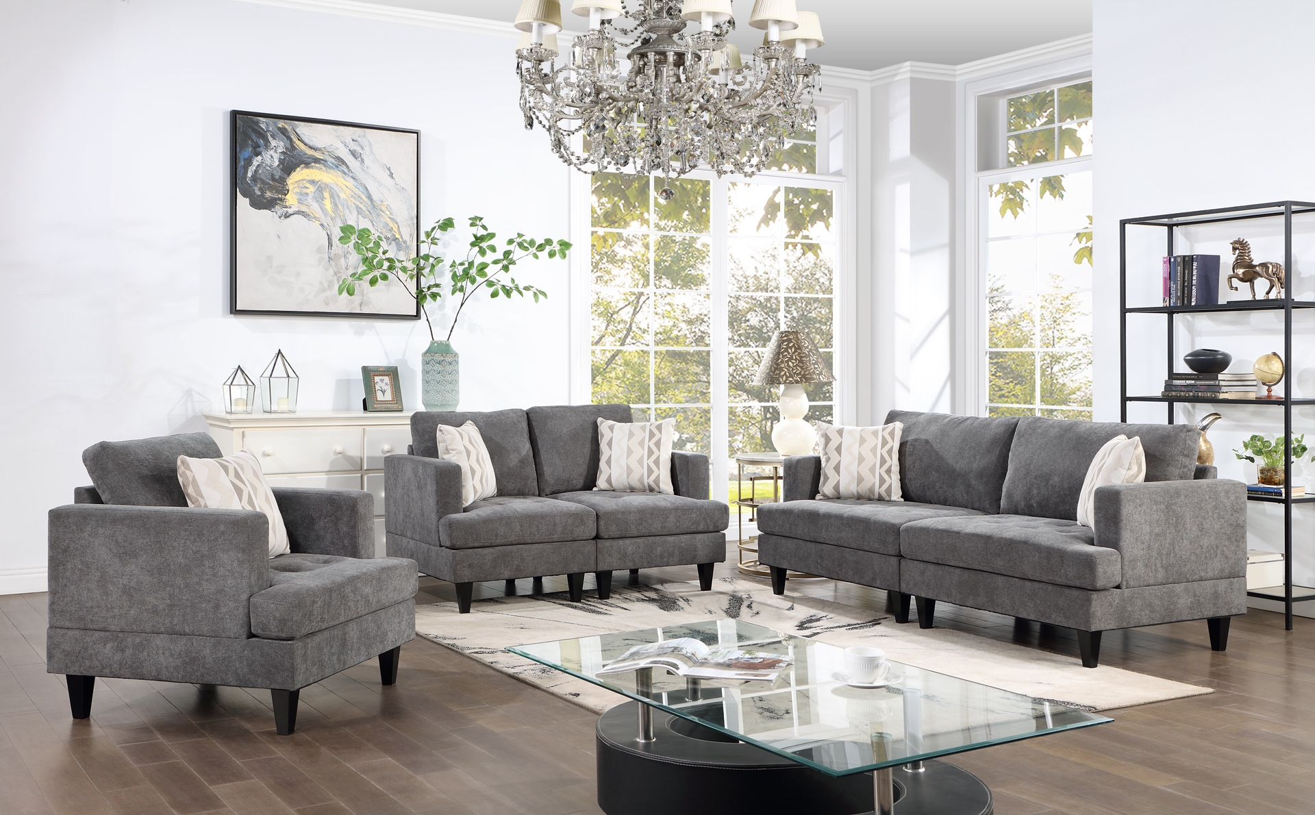Huntington 3 Pieces Living Room Sofa Set - Gray