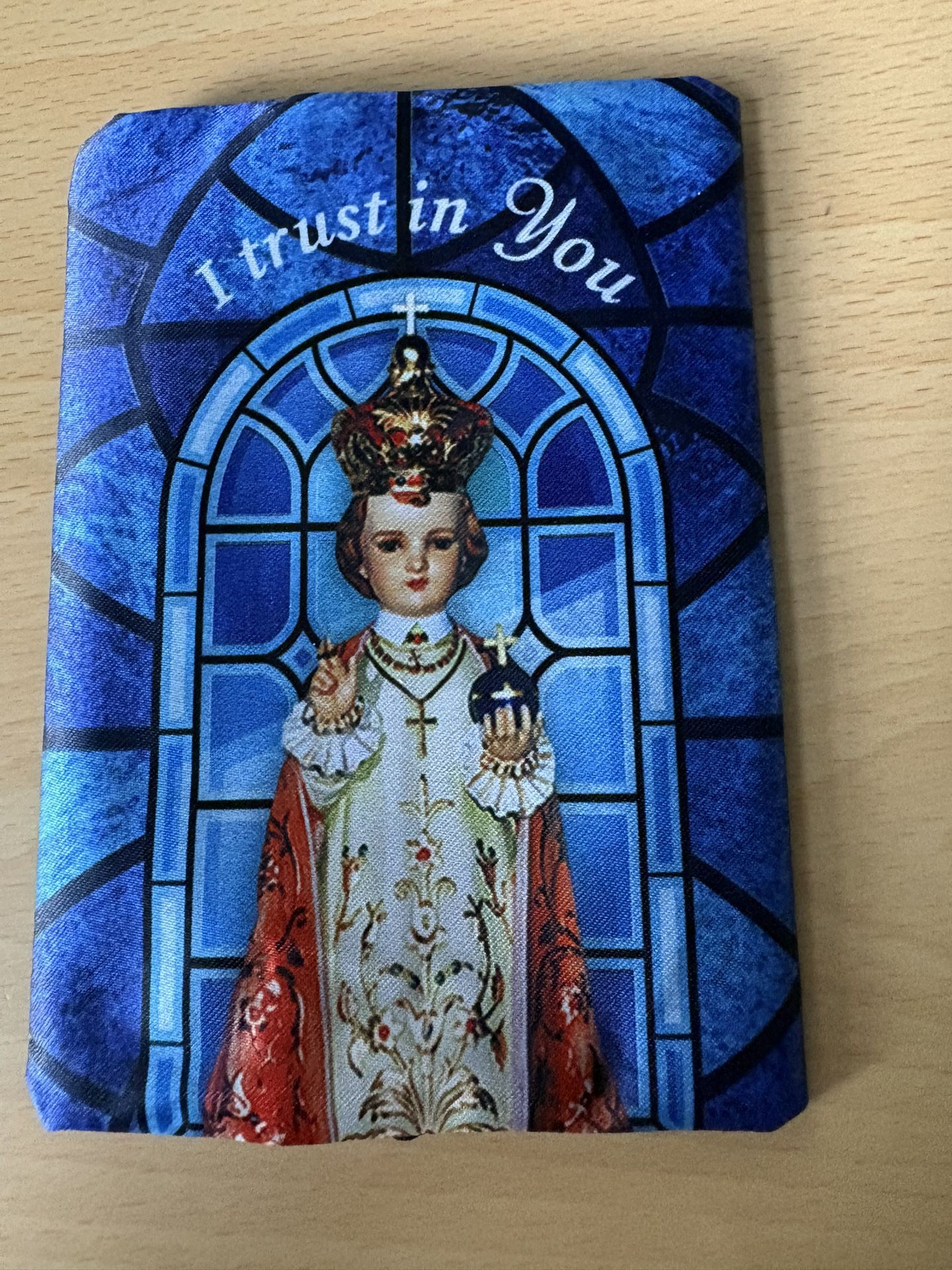 Blue Patterned Zipper Pouch with image of infant Jesus of Prague
