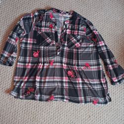 Plaid Floral Print Women's Blouse XXL