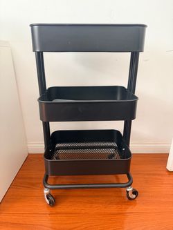 Like New IKEA RÅSKOG 3-Tier Utility Cart (Black) – Includes 2 Shelf Liners