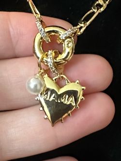 Gold Mama Heart Charm Necklace with Pearl