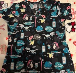 Cherokee Small scrub top dinosaur dental print
