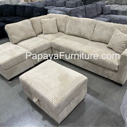 Tan Camel Plush Sectional And Storage Ottoman, Sectional Couch, Sofa, Reversible Sectional, Couch, Brown Sectional, Reversible Chaise Sectional Couch