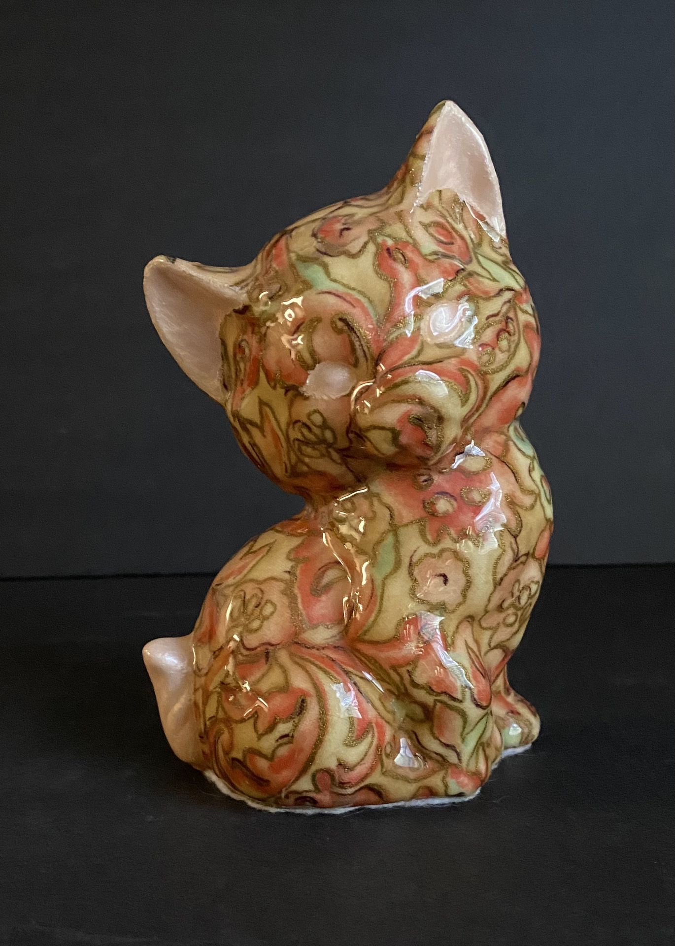 Handpainted Ceramic Cat Floral Design Green Orange Peach Vintage Unique
