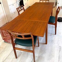 Danish teak mid century modern extendable dining table and chairs