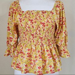 Yellow Floral - Puff Sleeve - Smocked Blouse - XS