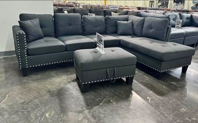 Brand New Grey Linen Sectional Sofa +Storage Ottoman (New In Box)