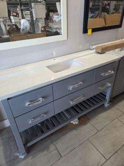 60" Grey Single Sink Bathroom Vanity with White Quartz Countertop