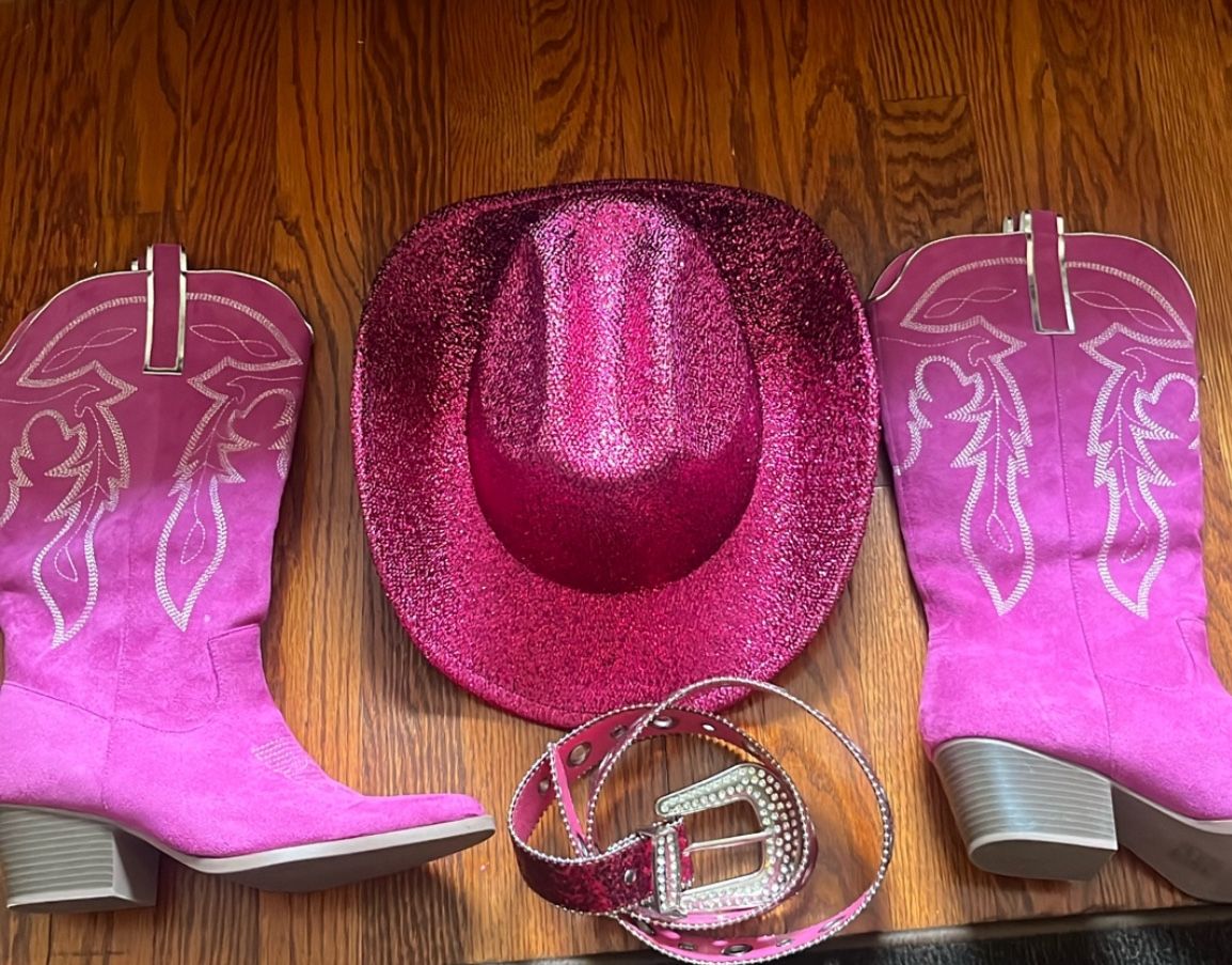 Cow Girl Pink Hat Boots Size 9 And Belt