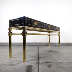 Mid Century Black Lacquer and Brass Console Table by Mastercraft, c1970s