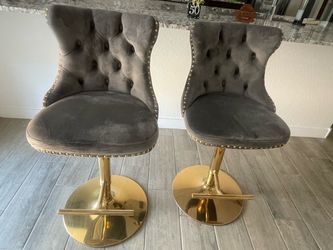 Gray Velvet Tufted Bar Stools with Gold Base – Set of 2