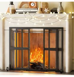 Black Metal Fireplace Screen with Doors