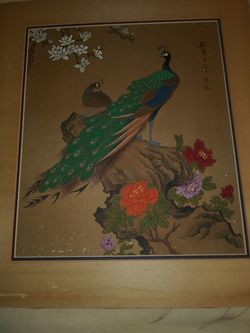 Chinese painting on silk vintage peacock