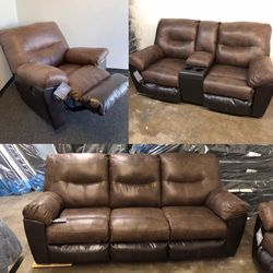 Brown Leather Reclining Sofa & Loveseat & Chair