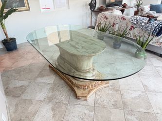 Oval Glass Top Dining Table with Column Pedestal Base