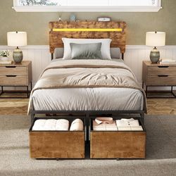  Twin Bed Frames with Wood Headboard, Metal Platform Bed with 2 Storage Drawers & Shelf, Built in Charging Station & LED Lights, No Box Spring Needed,