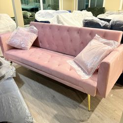 Pink Modern Velvet couch Sofa Bed Futon with 2 Pillows