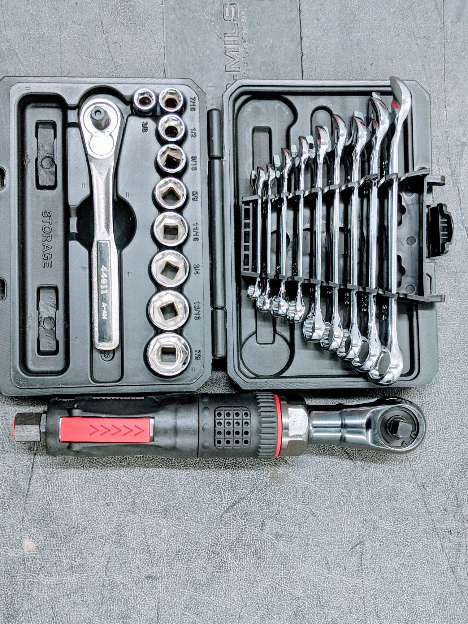 Wrench and 3/8" ratchet with sockets and 50ft air tool ratchet wrench
