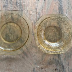 1930S Vintage Depression, Amber Yellow Glass, Small Bowl And Small Plate