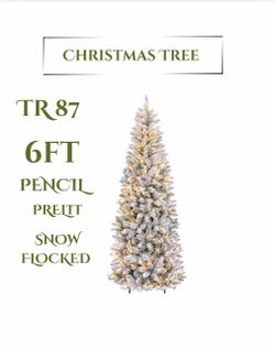 π6 ft Pencil Prelit Christmas Tree with Snow Flocked Branches, 200 Warm White and Multicolor Led Lights, 10 Lighting Modes, Foot Pedal, Hinged Design
