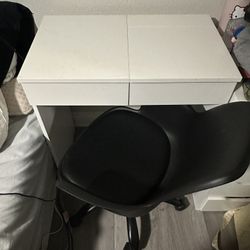 White Ikea Vanity and Black Chair 
