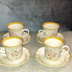 VINTAGE MIKASA GARDEN CLUB EC-466 "TOMORROW'S DREAM" 4PC CERAMIC COFFEE & TEA MUG WITH 4PC SAUCER SET. 