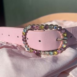 Pink Belt With Colorful Gemstone Detail Rounded Rectangle Buckle - Women's S/M