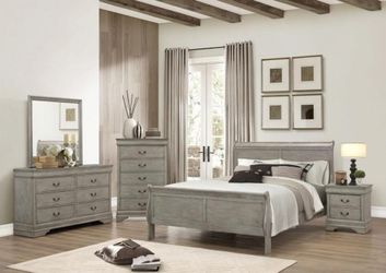 Brand new gray queen bed frame + dresser + mirror + nightstand