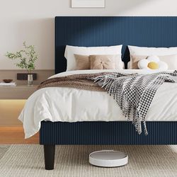 B215 $100  Full Size Upholstered Bed Frame with Vertical Channel Tufted Headboard, Soft Corduroy Fabric Platform Bed, Strong Wooden Slats Support, Eas