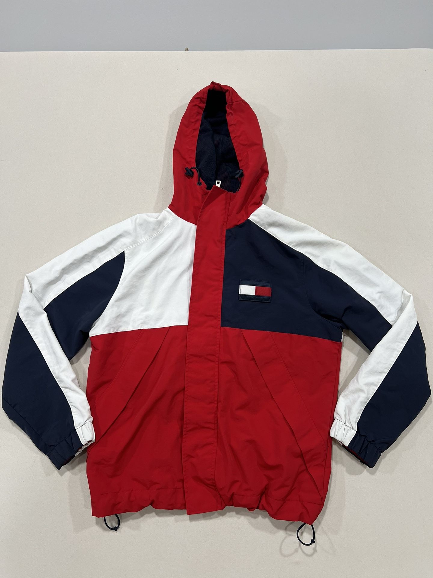 TOMMY HILFIGER Mens Red Color Block Hooded Jacket Size S Small