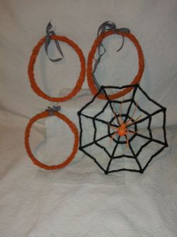 3 Orange Halloween Wicker Wreaths 10-11" Across Plus One New 16" Wide Spider Web (With Spider) All For 1 Price