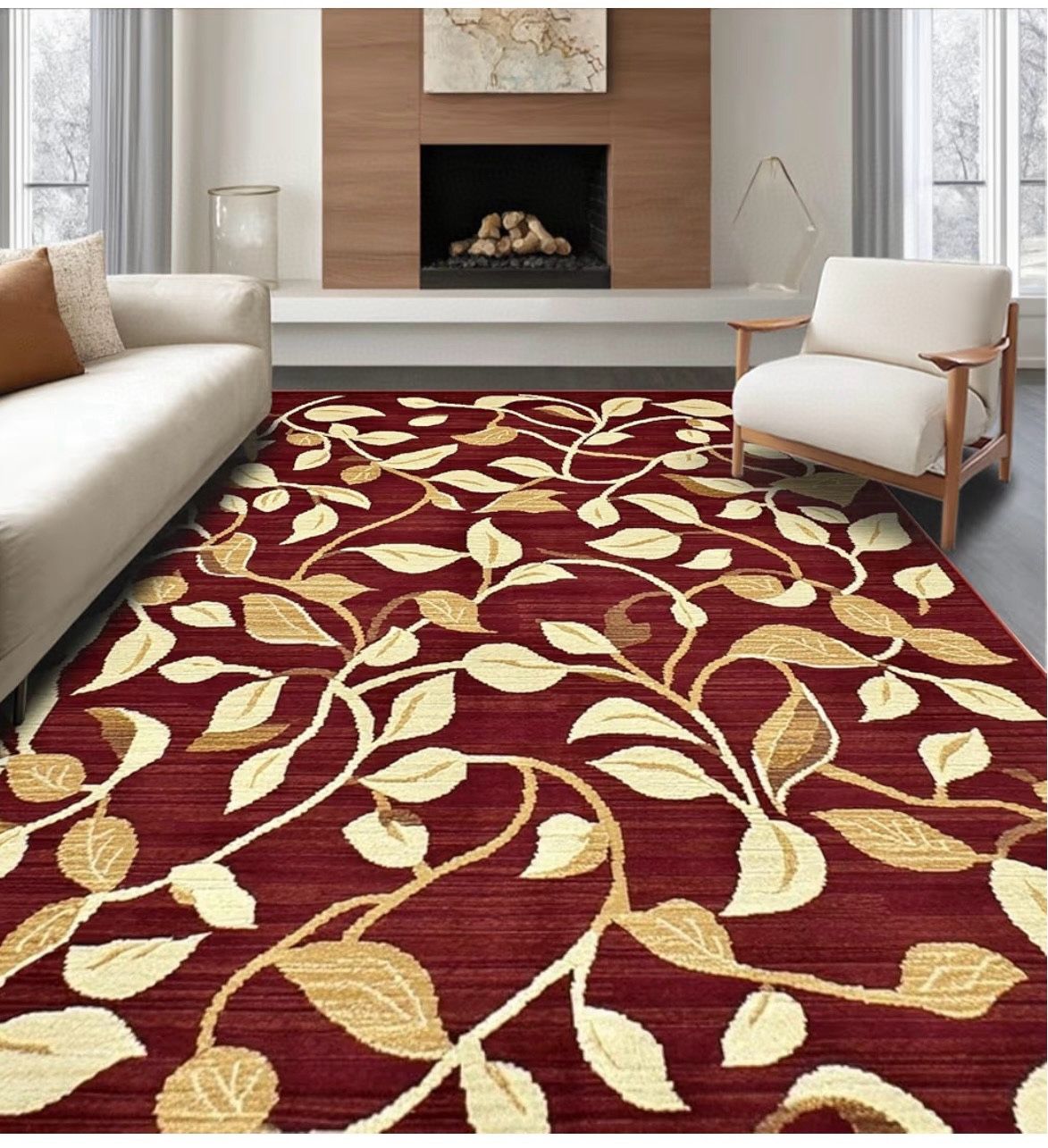 🔥Special Discount (Brand New In Box )🔥Ultra Soft Area Rug 6 x9，Elegant Burgundy Runner Featuring Stylized Leaf and Vine Motifs, Non Slip, Stain Resi