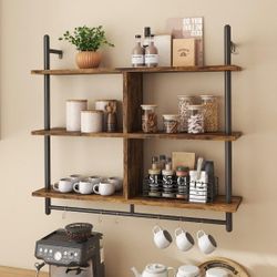 Bestier Floating Pipe Shelving Kitchen Shelves Wall Mounted 3 Tier 41.5" Ladder Coffee Bar Shelf Hanging with Circular Tube, Display Bookshelf Storage