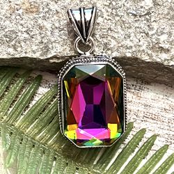 Rainbow Fire Mystic Topaz  Silver 1.8”Pendant