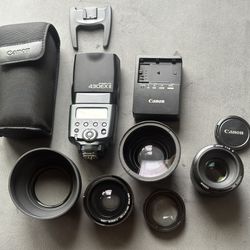 Canon FE 50mm Canon Speedlite 430EX II Canon LC- E6 Battery charger M58 Lens Filters LIKE NEW 