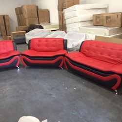Red Leather Three Piece Modern Style Couch Set 