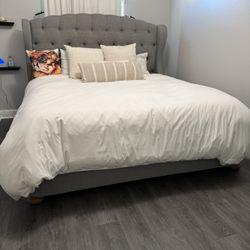 King Size Upholestered Gray Bed And Spring Box