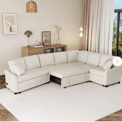 124.8 in. Flared Arm Chenille Convertible L-Shaped Sectional Sofa in Beige with Removable Cushions and Charging Station