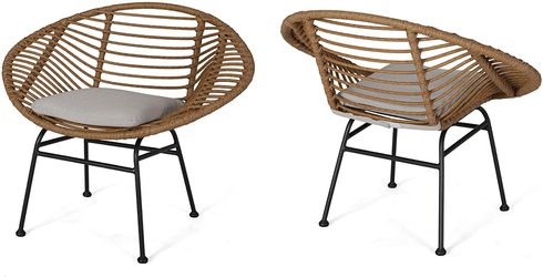 Set of 2 - Modern Woven Rattan Chair with Cushions, Light Brown and Beige