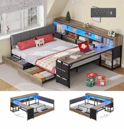 Corner Bed Frame Full with Storage and Desk & 7 Bookcases, with Upholstered Headboard,4 Drawers,1 Bedside Organizer,LED Lights and Charging Station,Oa