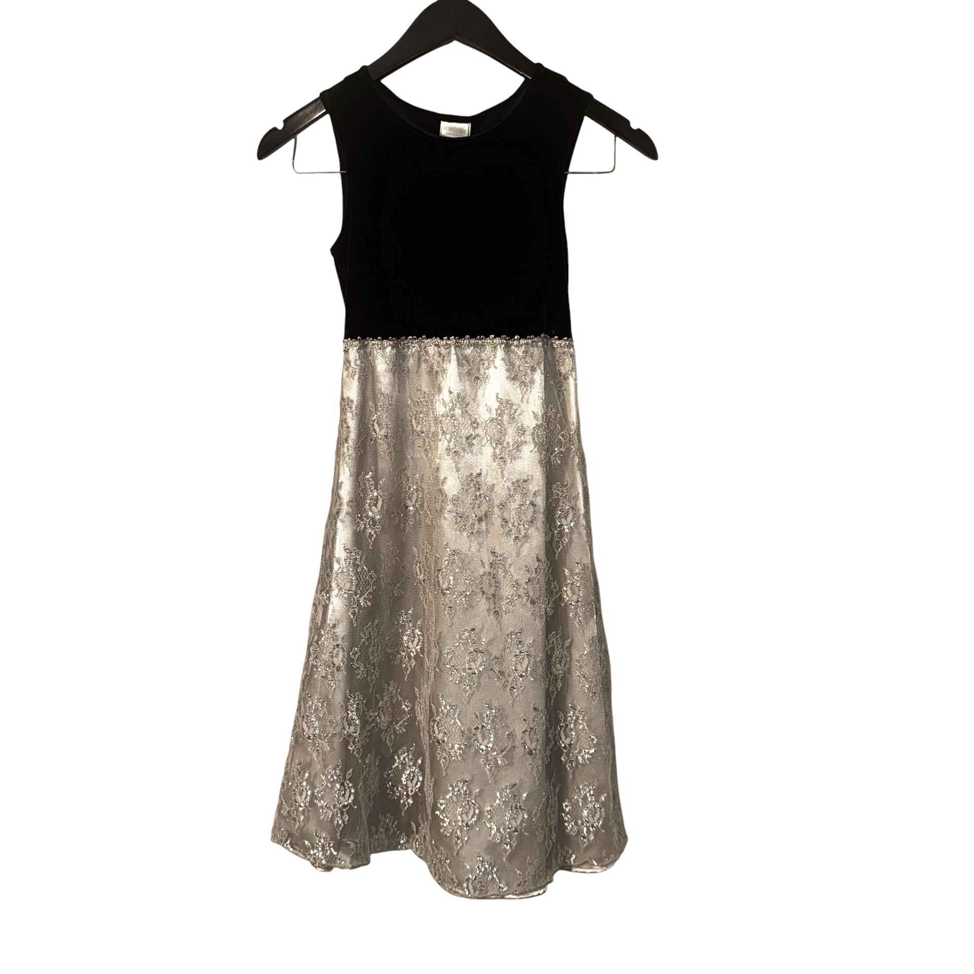 Perfectly Dressed Girls Party Holiday Sleeveless Dress Black/ Velvet Top Gold Metallic Embroidered Flowers Size 10   