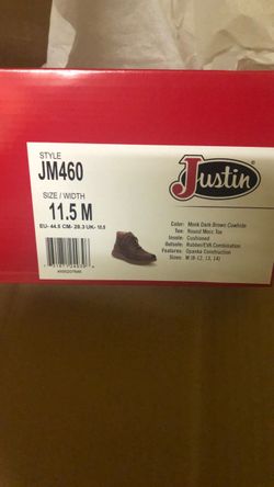 Justin JM460 Monk Dark Brown Cowhide Boots Size 11.5M