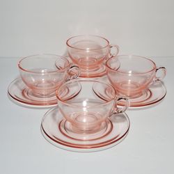 4 Pink Depression Glass Teacups and Saucers