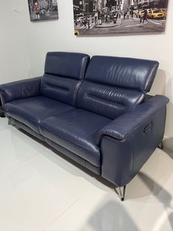 Navy Blue Leather Power Recliner Sofa