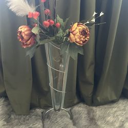 Vintage MCM Iron & Scalloped Glass Floor Vase