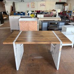  Natural Wood Grain MDF Dining Table, Wood Textured Desktop, White Marble Patterned Table Legs, 55"x31.5  💰180$