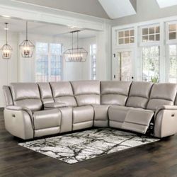 Grey Leather Sectional Sofa With Power Reclining Seats